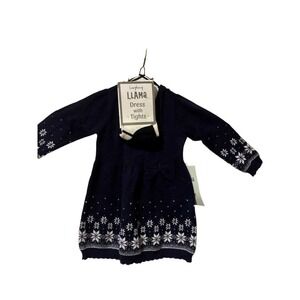 Laughing Llama Baby Girls Navy Snowflake Sweater Dress‎ and Tights Set 6M NWT